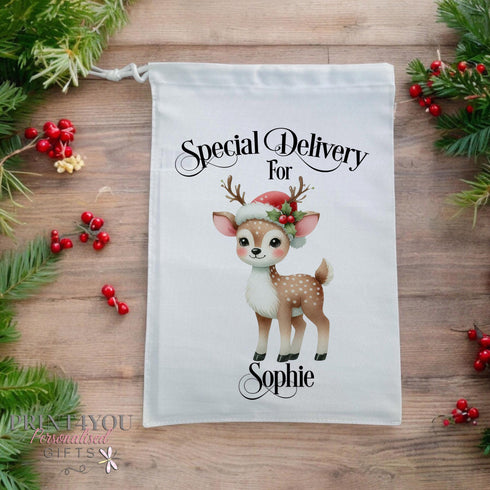 Personalised Christmas Eve Gift Bag - Special Delivery for Name Reindeer Drawstring Stocking